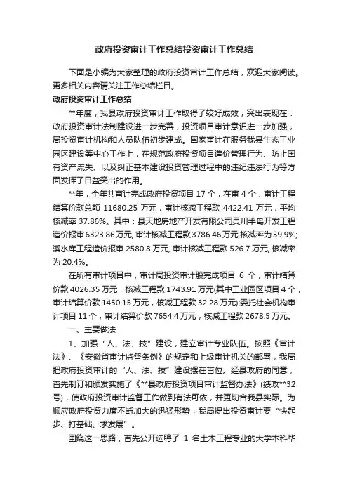 政府投资审计工作总结投资审计工作总结
