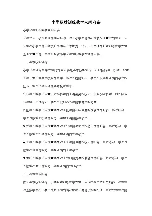 小学足球训练教学大纲内容
