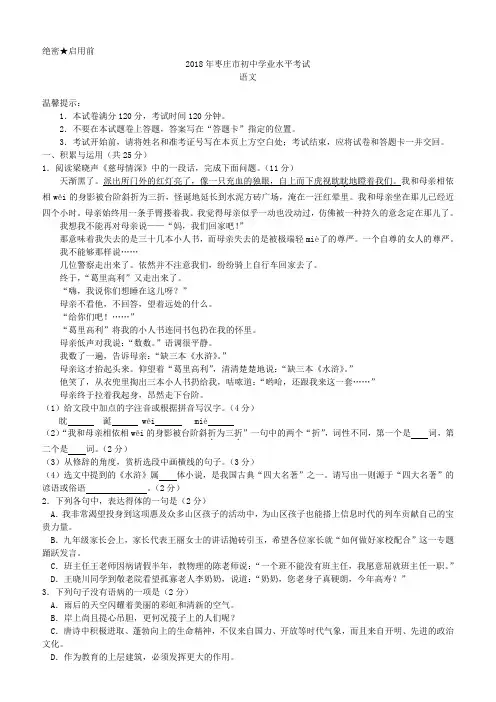 山东省枣庄市2018年中考语文试题及答案