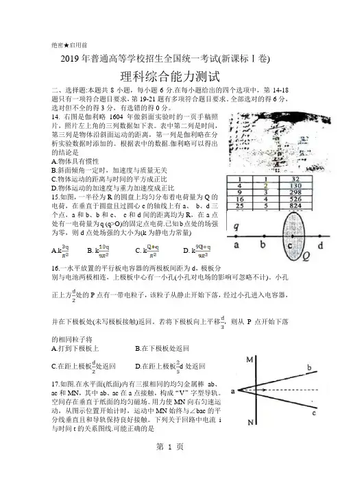 2019年高考理综试题(物理部分)全国卷(新课标一)试题及答案详解word版共5页