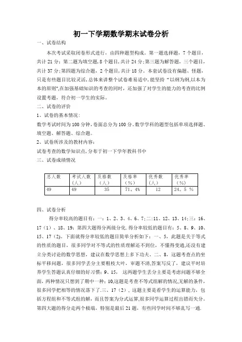 初一下学期数学期末考试质量分析