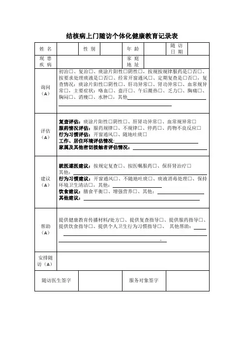 结核病上门随访个体化健康教育记录表