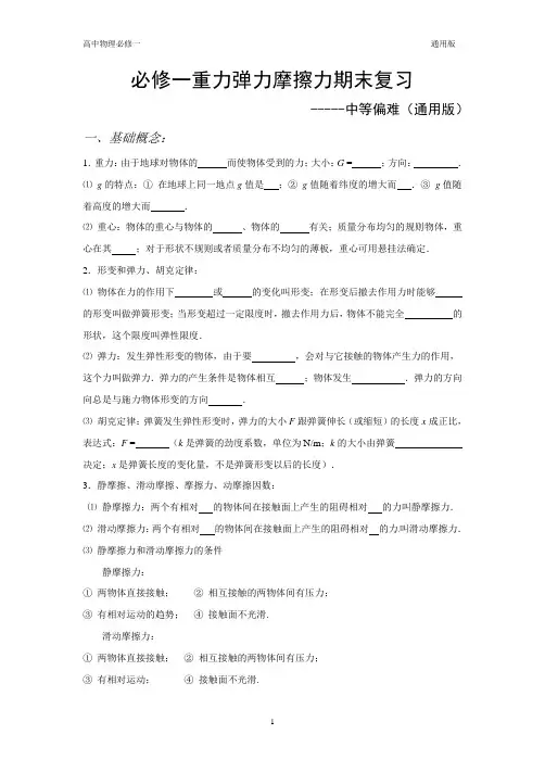 必修一重力弹力摩擦力期末复习---中等偏难(通用版含解析)