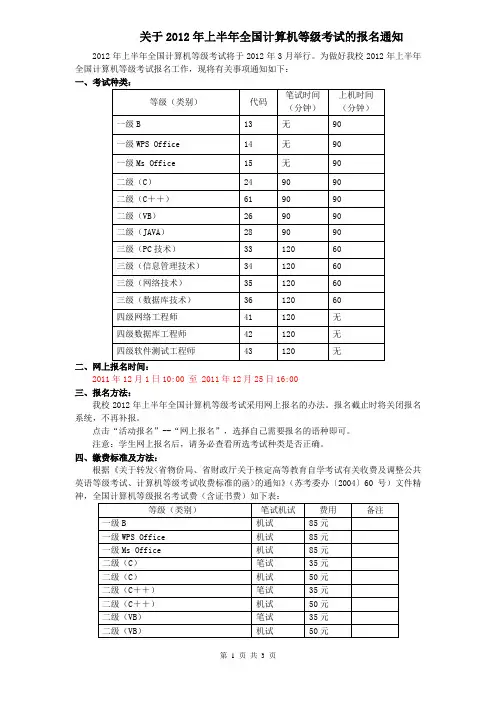 2012上半年全国计算机等级考试报名通知