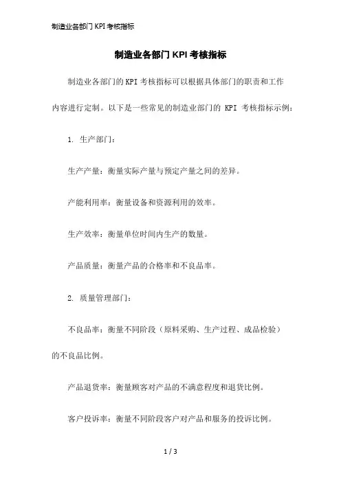 制造业各部门KPI考核指标