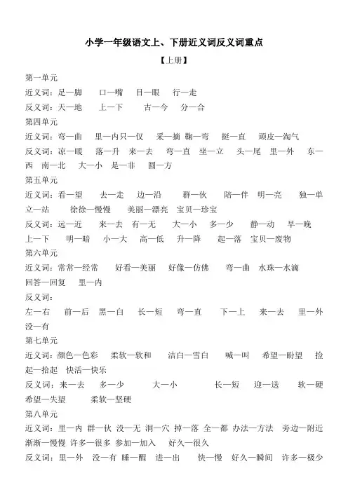 小学一年级语文上、下册近义词反义词重点