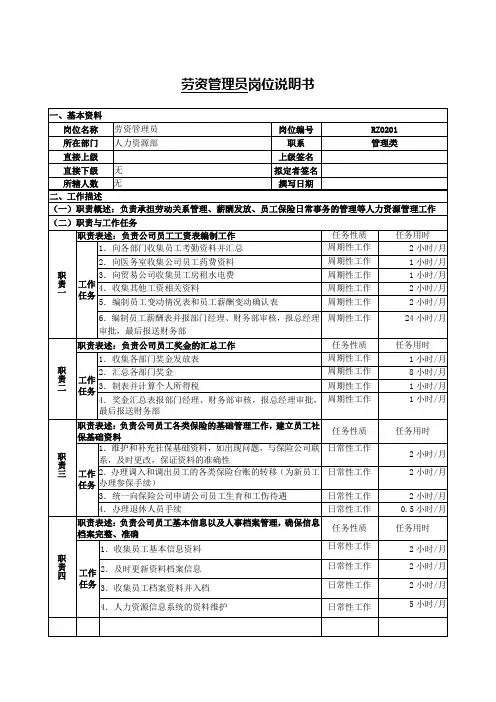 劳资管理员岗位说明书