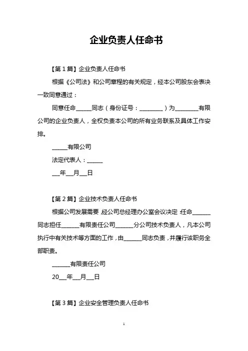 企业负责人任命书