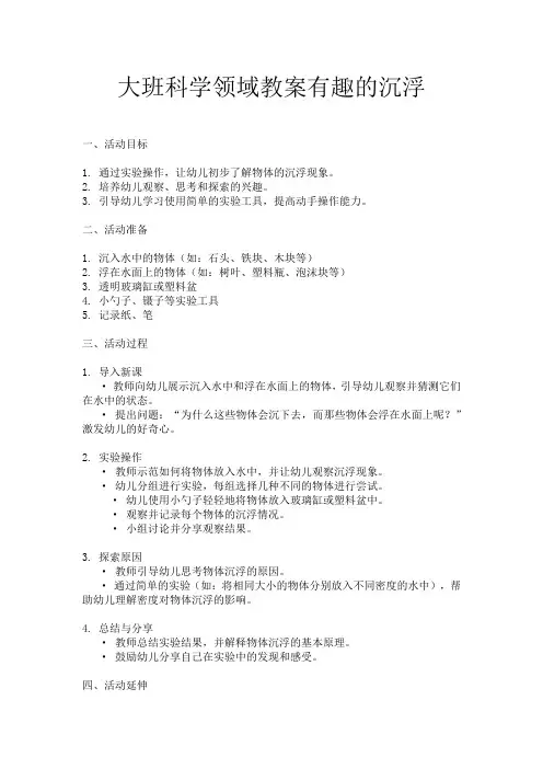 大班科学领域教案有趣的沉浮