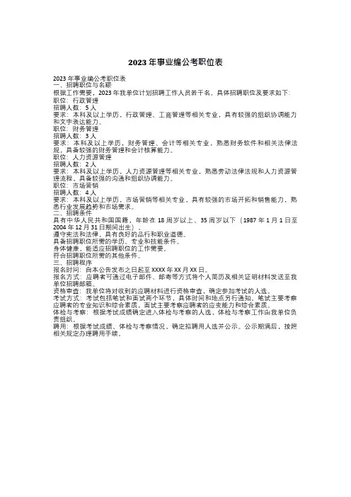 2023年事业编公考职位表