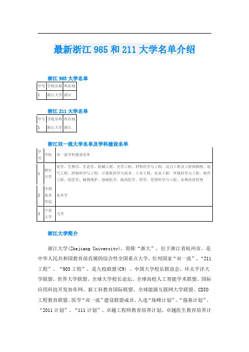 最新浙江985和211大学名单介绍