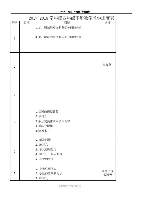 2017-2018学年度四年级下册数学教学进度表