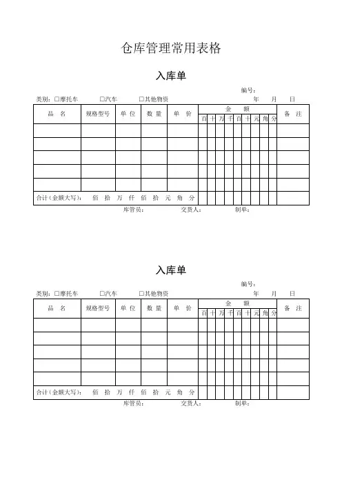 仓库管理常用表格 9页