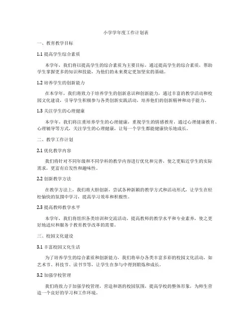 小学学年度工作计划表