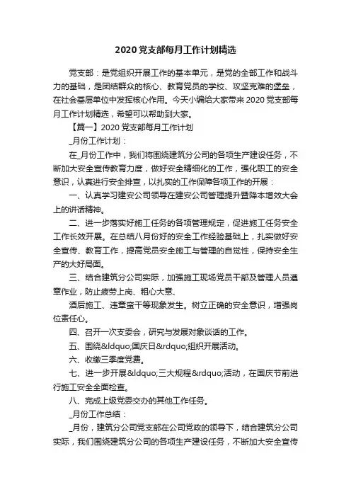 2020党支部每月工作计划精选