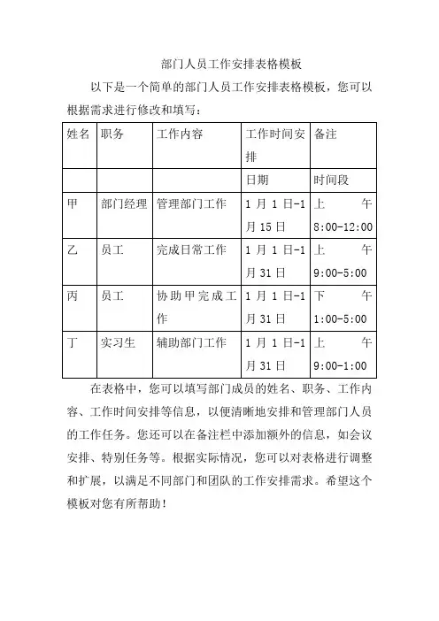 部门人员工作安排表格模板