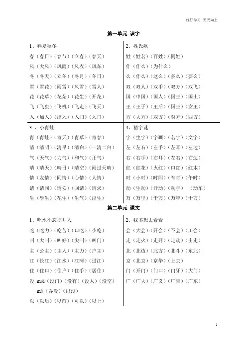 人教部编版小学语文一年级下册 【生字表】组词 试卷含答案