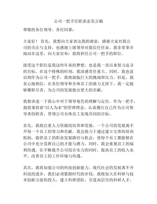 公司一把手任职表态发言稿