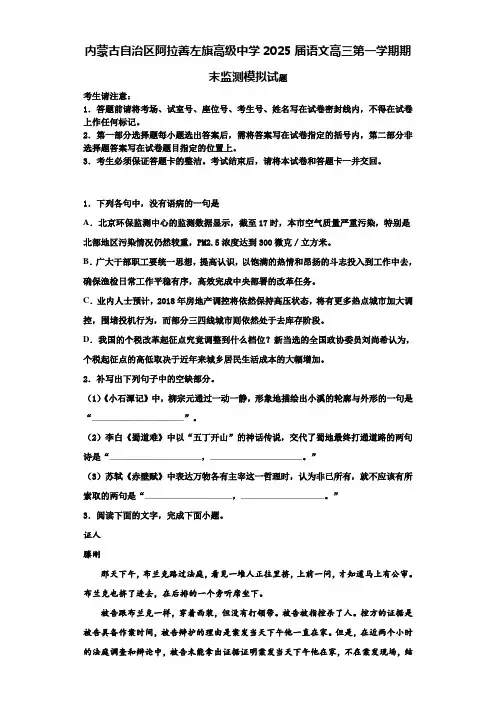 内蒙古自治区阿拉善左旗高级中学2025届语文高三第一学期期末监测模拟试题含解析