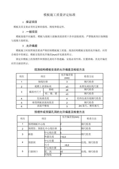 模板施工质量评定标准