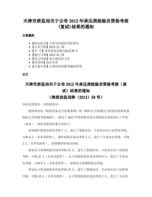 天津市质监局关于公布2012年承压类检验员资格考核(复试)结果的通知