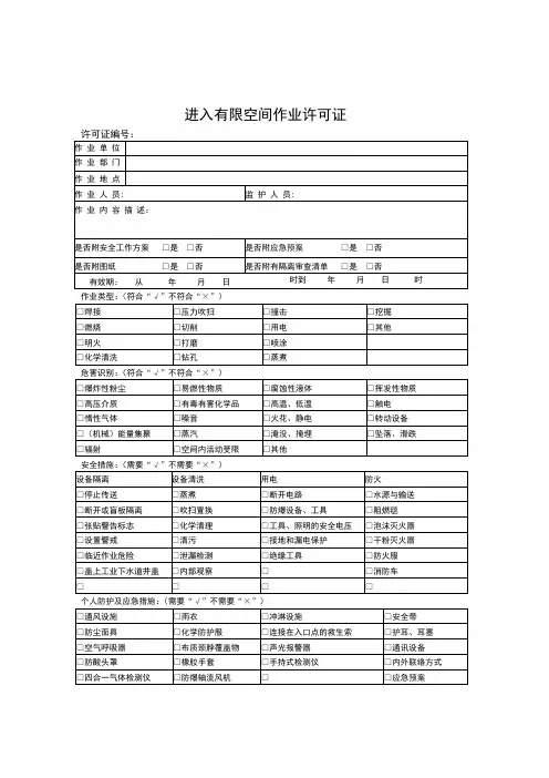 进入有限空间作业许可证
