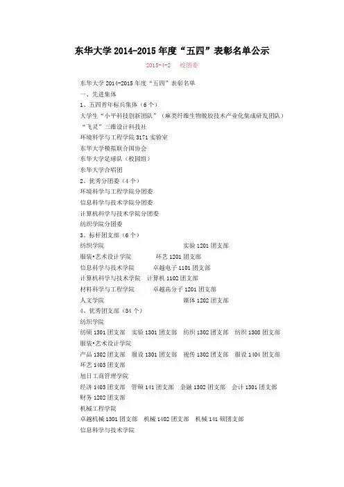 东华大学2014-2015年度五四表彰名单