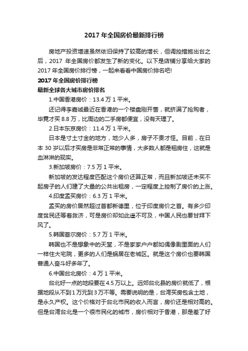2017年全国房价最新排行榜