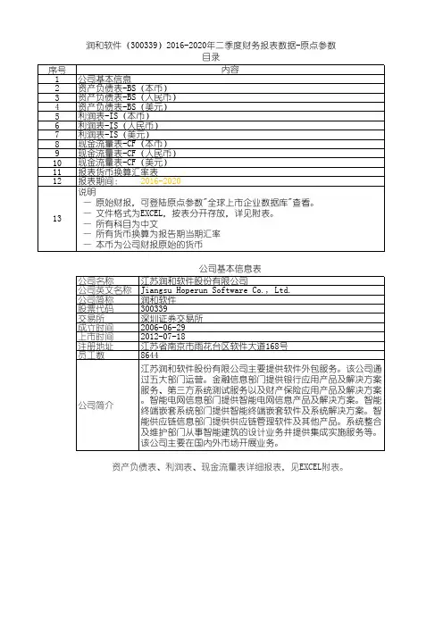 润和软件(300339)2016-2020年二季度财务报表数据-原点参数