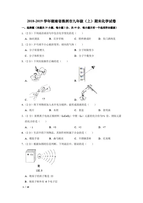 【精品初三化学试卷】2018-2019学年湖南省株洲市九年级(上)期末化学试卷+答案