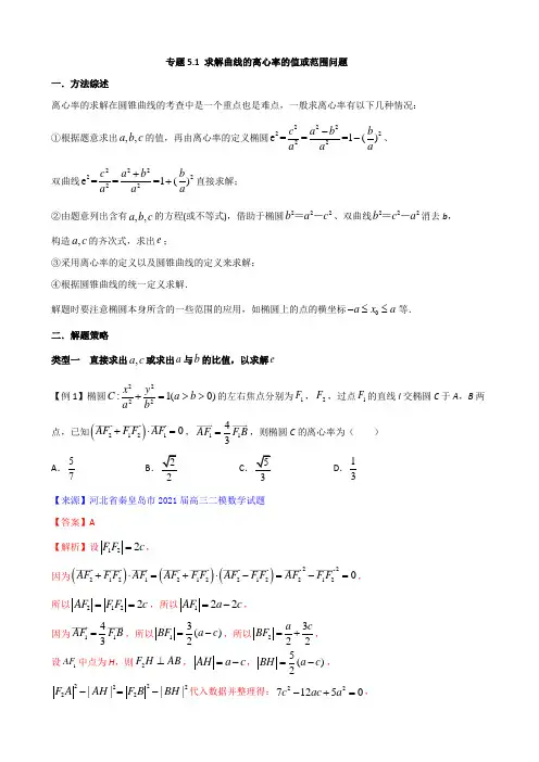 求解曲线的离心率的值或范围问题(解析版)