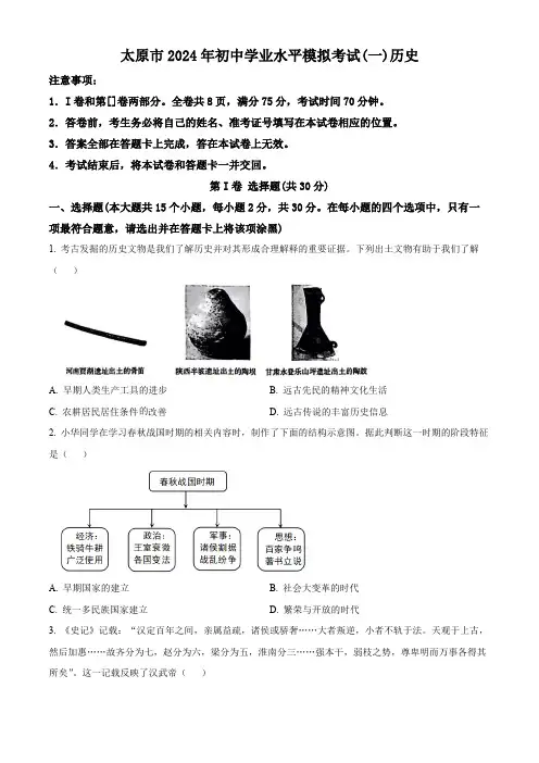 2024年山西省太原市中考一模历史试题(原卷版)