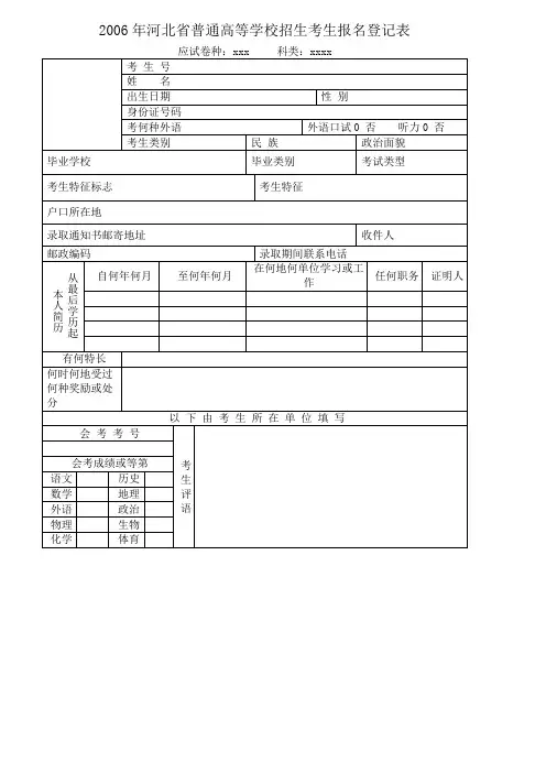 河北省普通高等学校招生考生报名登记表