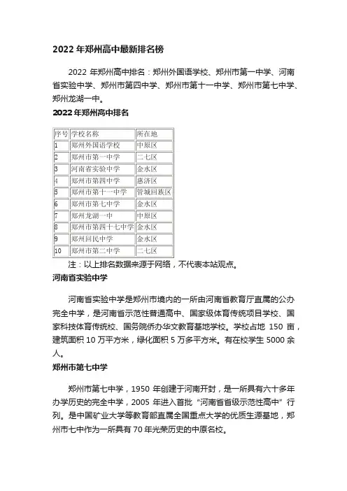 2022年郑州高中最新排名榜