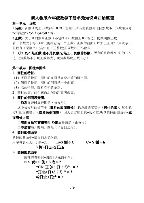 新人教版六年级数学下册单元知识点归纳整理