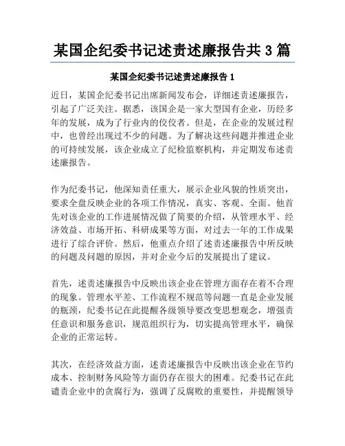 某国企纪委书记述责述廉报告共3篇