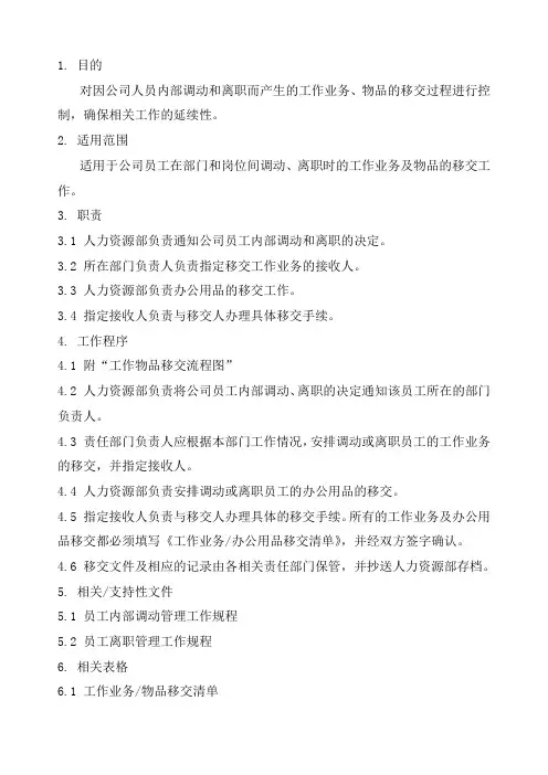 某房地产公司人力资源部工作移交管理流程