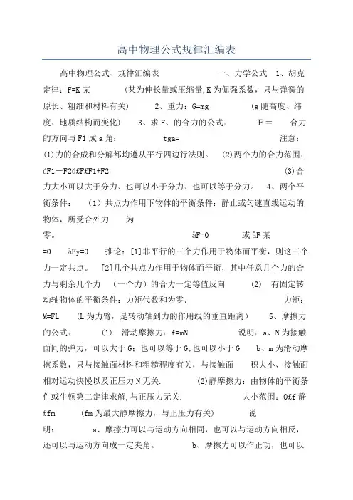 高中物理公式规律汇编表