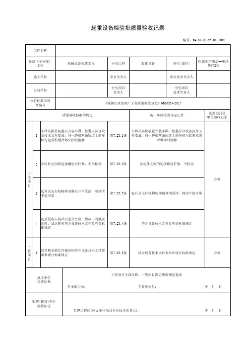 泵类设备检验批质量验收记录(电动葫芦)