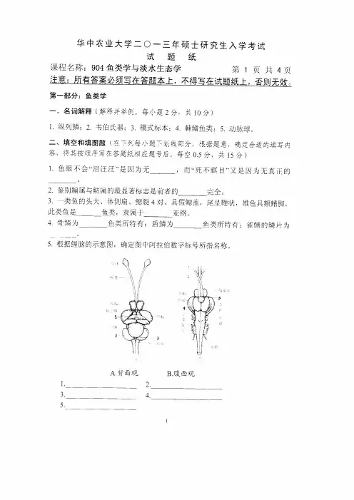 2013年华中农业大学考研真题904鱼类学与淡水生态学