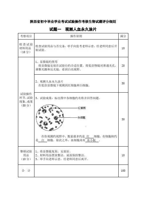 陕西省初中毕业学业考试实验操作考核生物试题评分细则