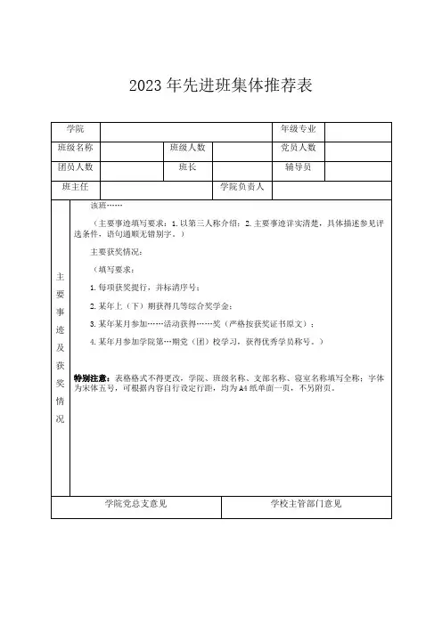 2023年先进班集体推荐表