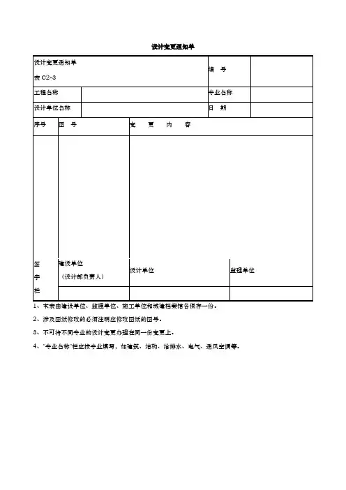 设计变更通知单、工程洽商记录单、工程指令单、工程量确认单、变更洽商费用审批单、变更完工证明