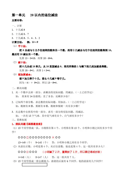 一年级下册20以内的退位减法知识点总结