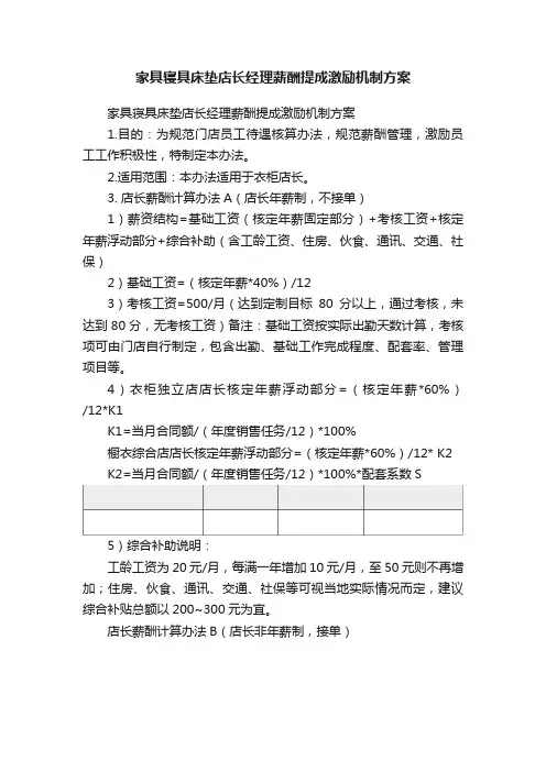 家具寝具床垫店长经理薪酬提成激励机制方案