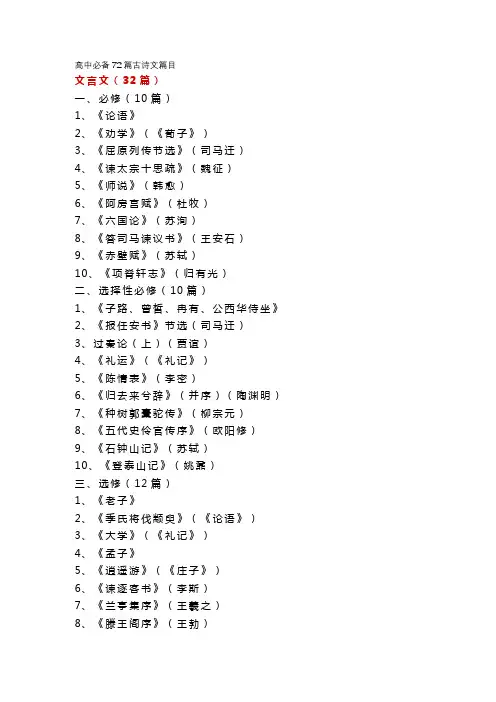 高中必备72篇古诗文篇目