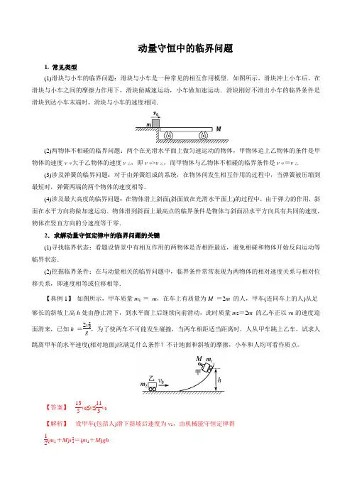 动量守恒中的临界问题(解析版)
