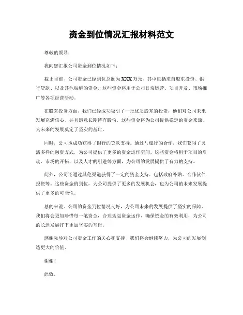 资金到位情况汇报材料范文