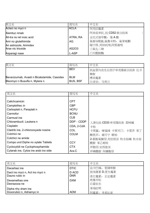 常用的化疗药物缩写对照表