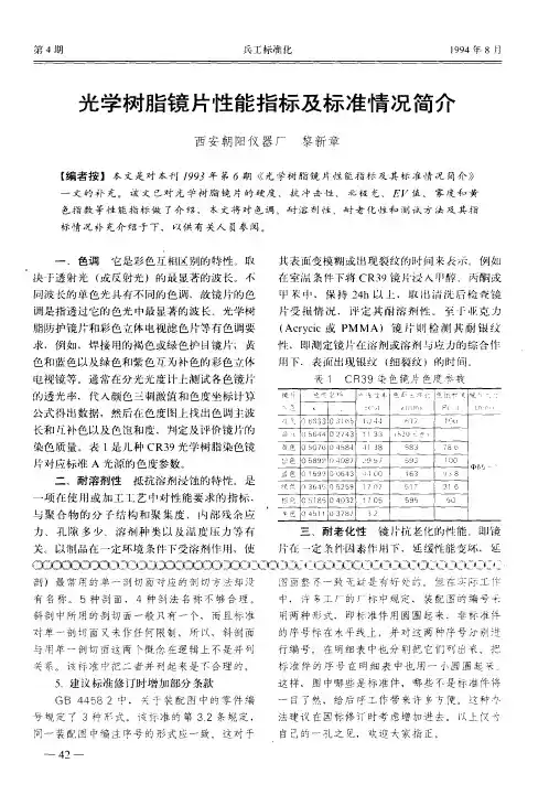 光学树脂镜片性能指标及标准情况简介